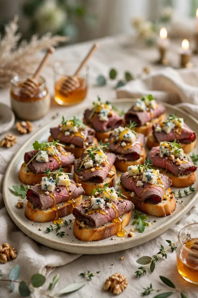 Roast beef and blue cheese crostini appetizer recipe