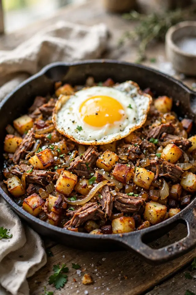 Roast beef hash recipe with potatoes and egg