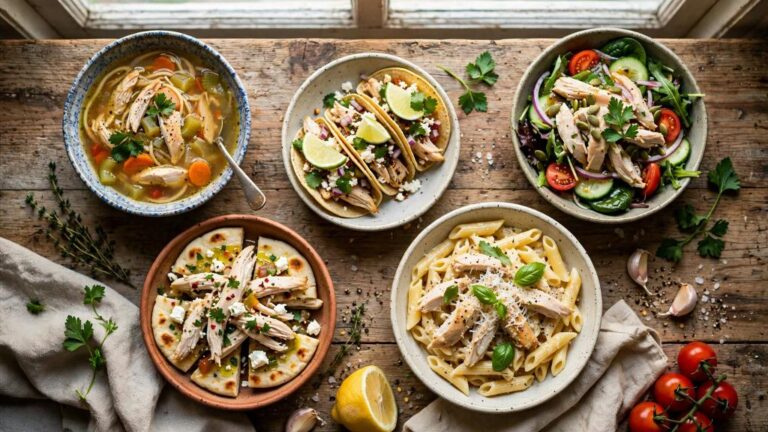 Collage of easy rotisserie chicken recipes including soup, tacos, and pasta