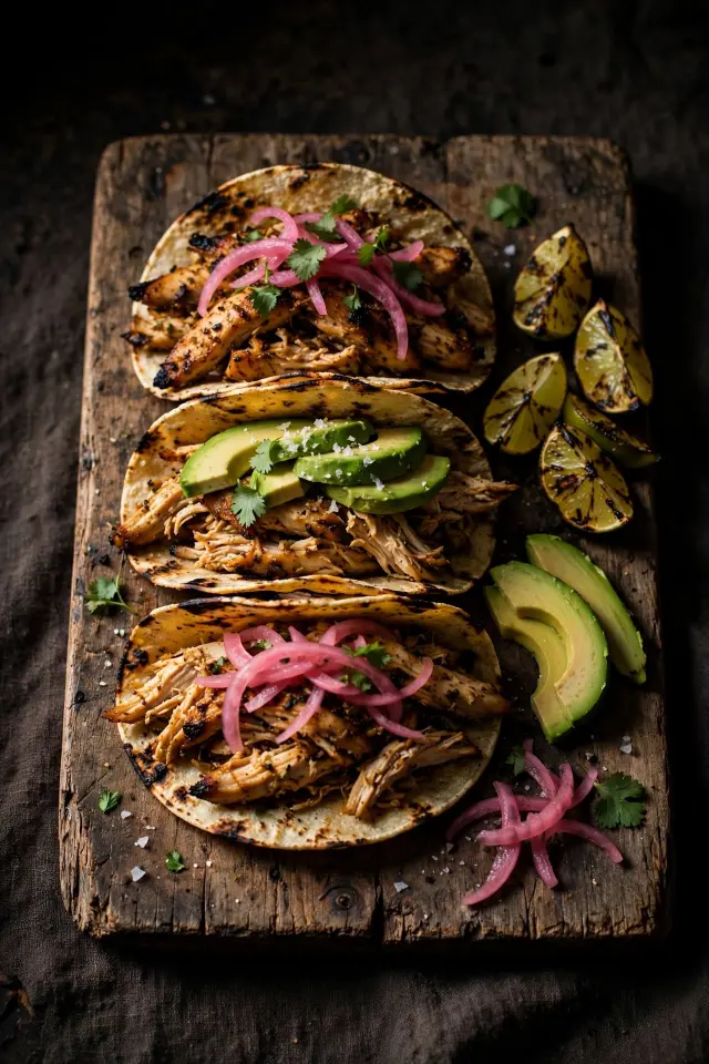 Rotisserie chicken tacos with charred lime and avocado