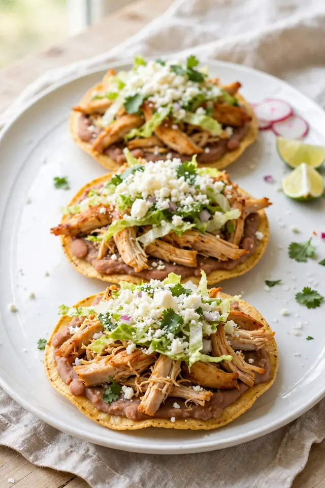  Crispy rotisserie chicken tostadas with beans and cotija
