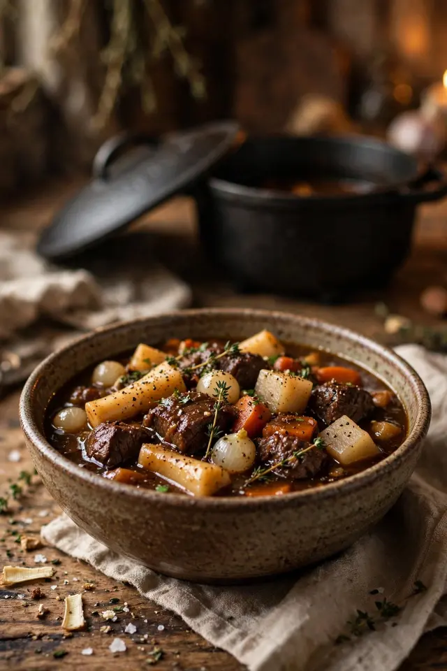 Guinness beef stew with root vegetables in cast iron pot