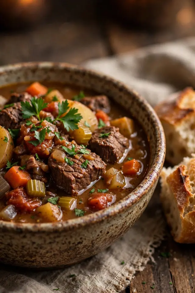 Close-up of hearty homemade beef stew recipe with crusty bread
