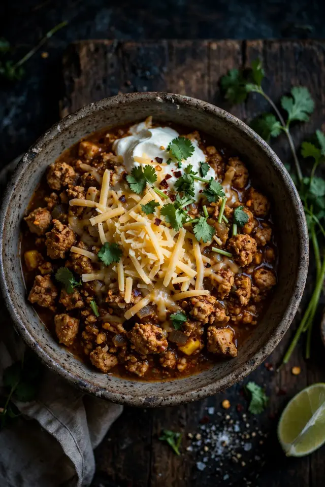 Ground chicken chili topped with cheese and cilantro
