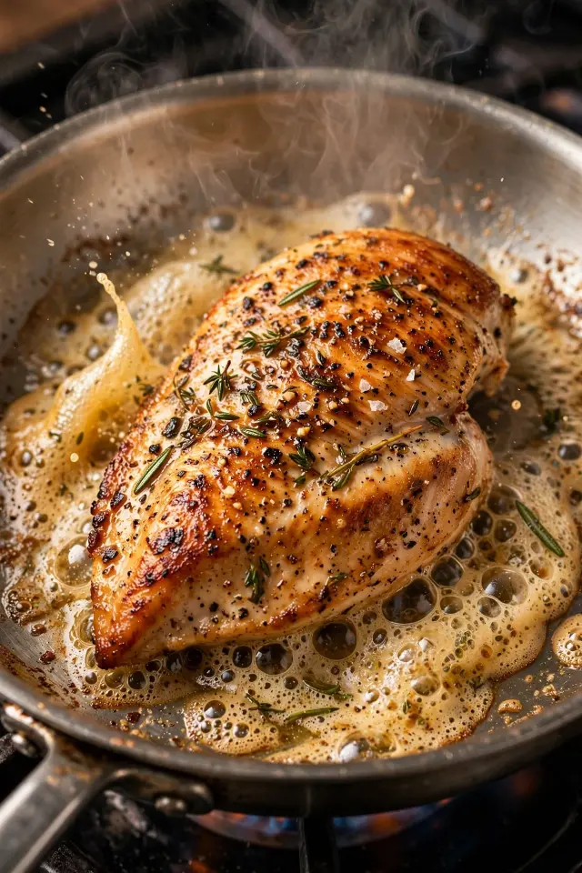 Searing chicken breast in a skillet for a juicy chicken recipe