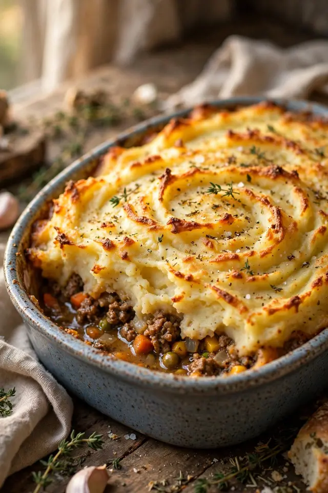 Ground beef shepherd's pie with golden mashed potato topping