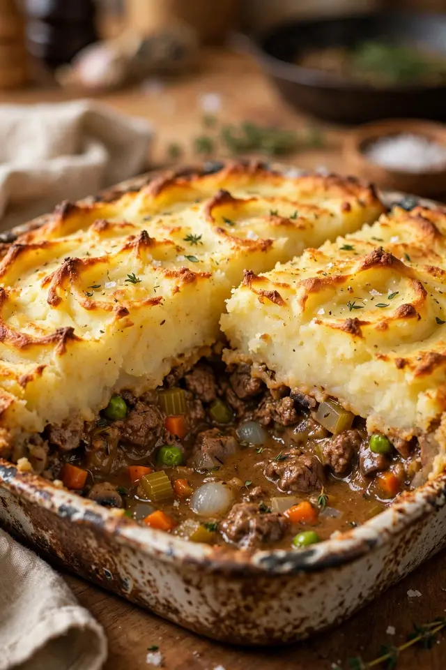 Beef stew base topped with mashed potatoes for shepherd's pie