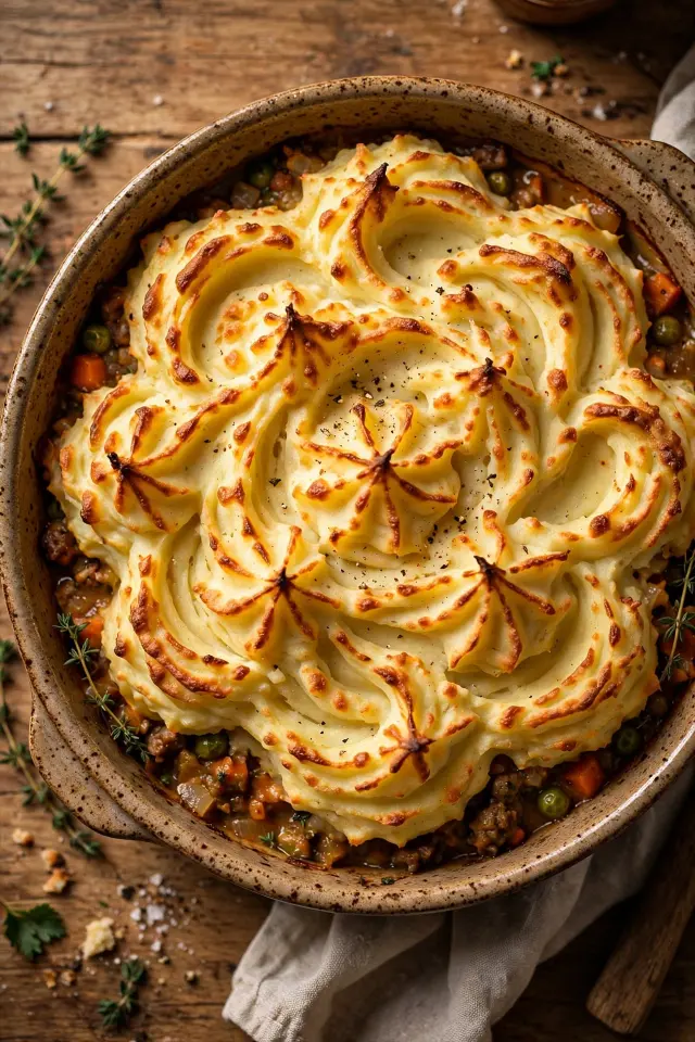 Shepherd's pie casserole with crispy golden mashed potato topping