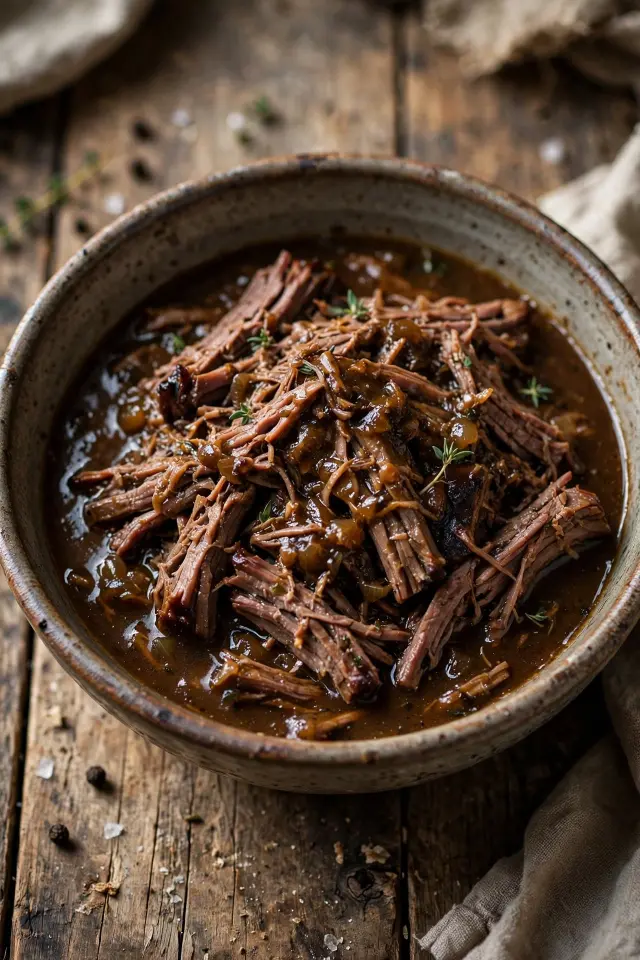 Slow cooker roast beef and gravy recipe in a bowl