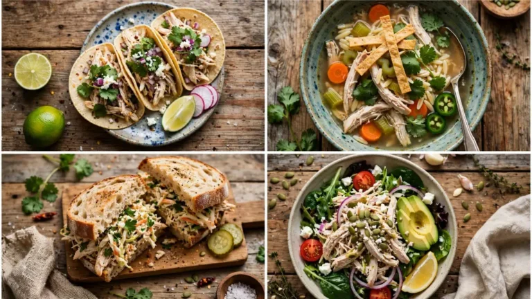 Collage of shredded chicken recipes including tacos, soup, and sandwiches