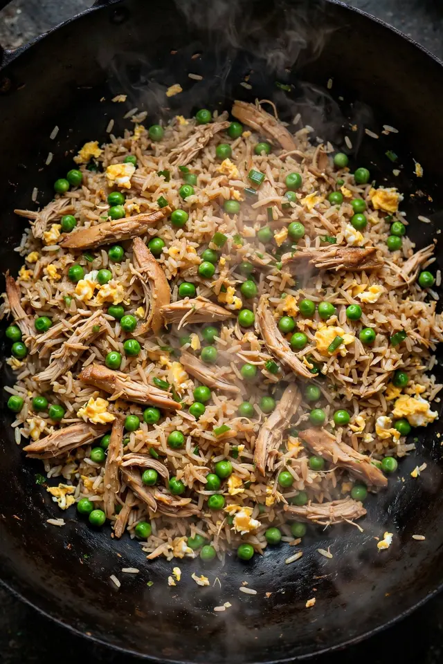  Shredded chicken fried rice with peas and egg in a wok