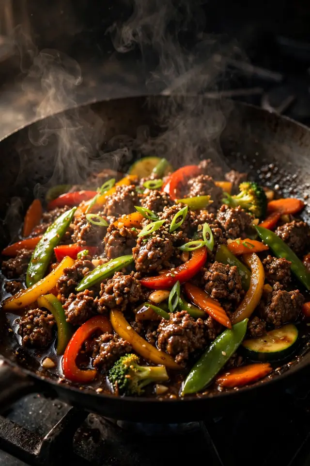 Ground beef and vegetable stir-fry dinner in a wok