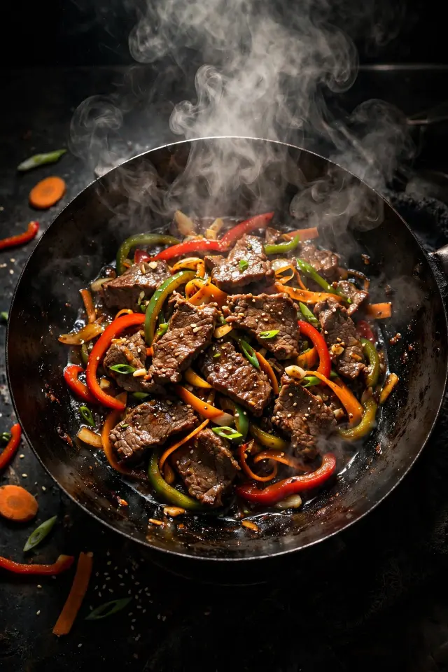 Ground beef and vegetable stir-fry in a wok