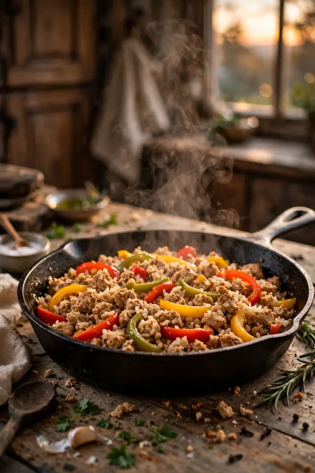 One-pan ground chicken skillet with rice and peppers
