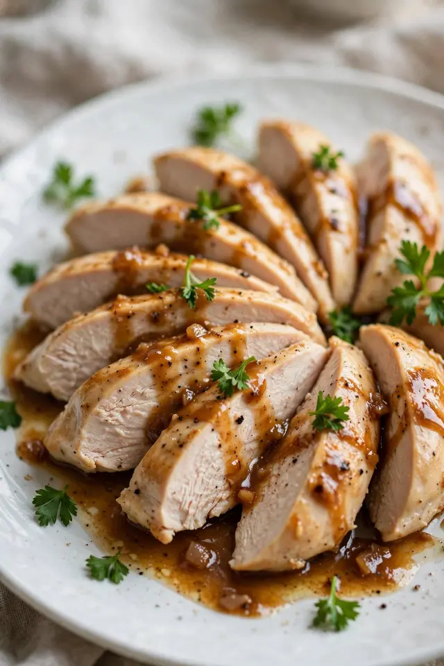 Plated juicy chicken breast recipe with garlic butter pan sauce