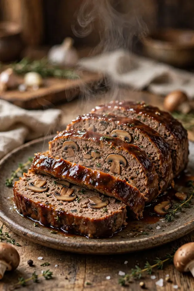 Sliced ground beef and mushroom meatloaf with glaze