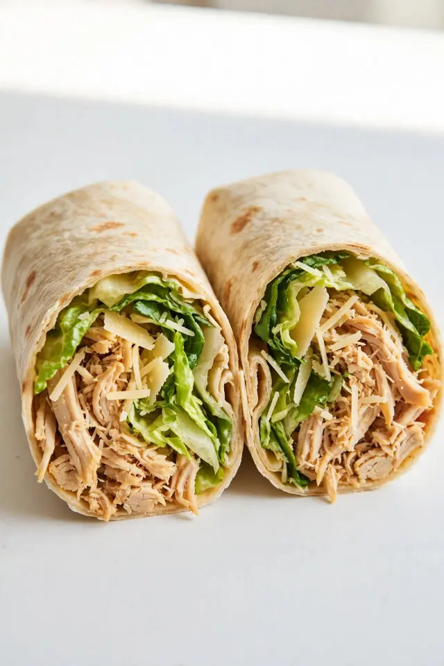 Shredded chicken Caesar wrap sliced to show filling