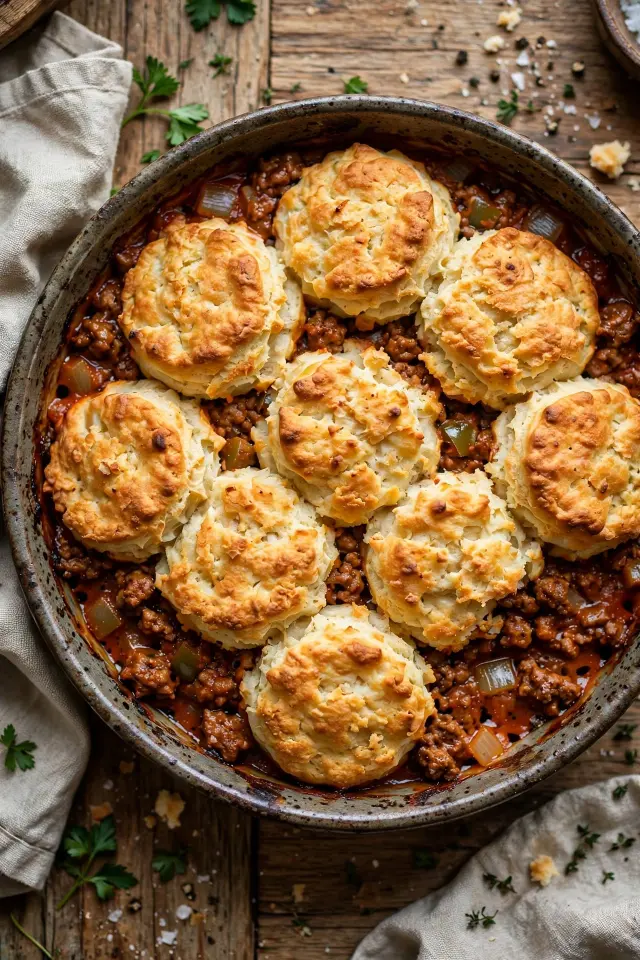 Sloppy joe casserole with baked biscuit topping and ground beef
