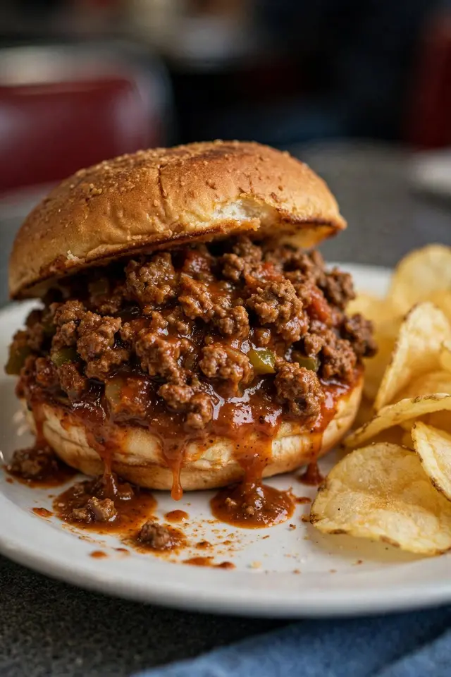 Classic ground beef sloppy joe sandwich with chips