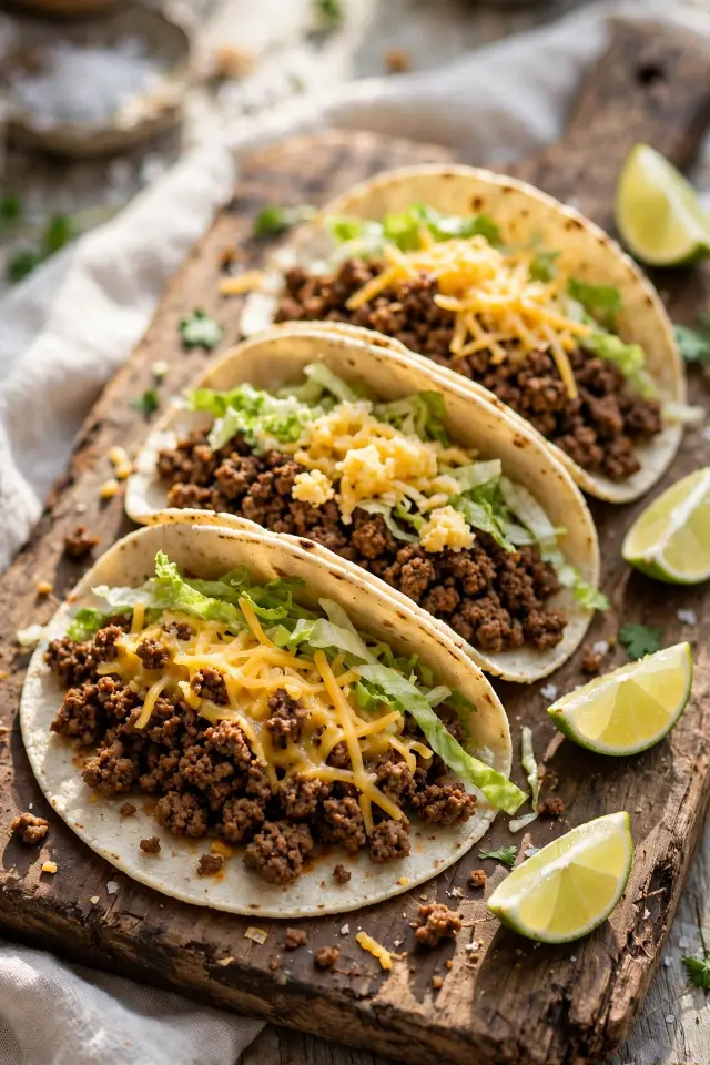 Easy ground beef tacos with fresh toppings on wooden board