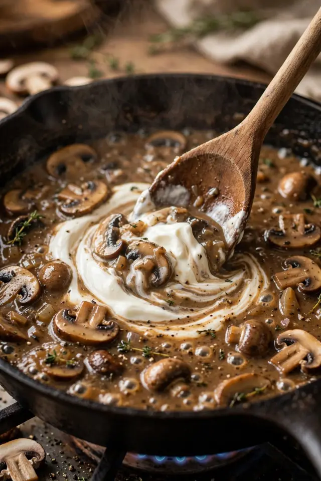Stirring sour cream into beef stroganoff sauce in a skillet