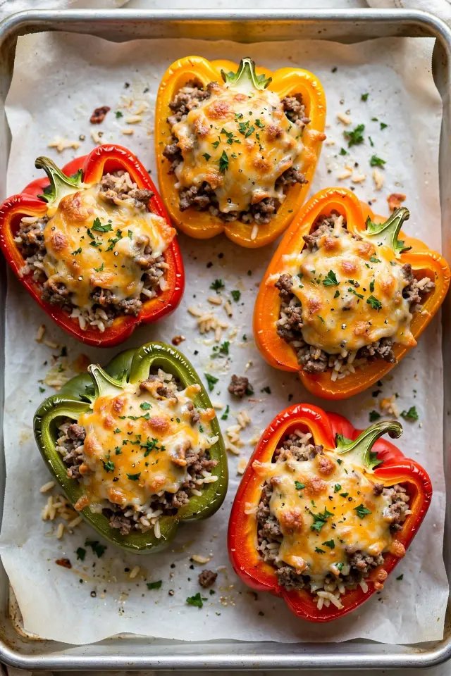 Baked stuffed bell peppers with ground beef and rice