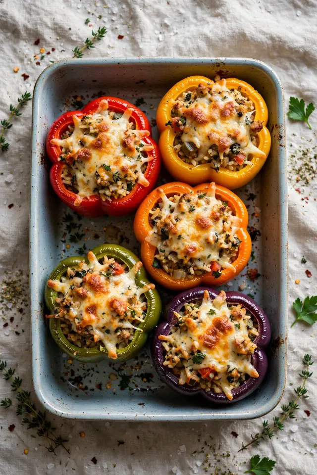 Baked stuffed bell peppers with ground beef and rice