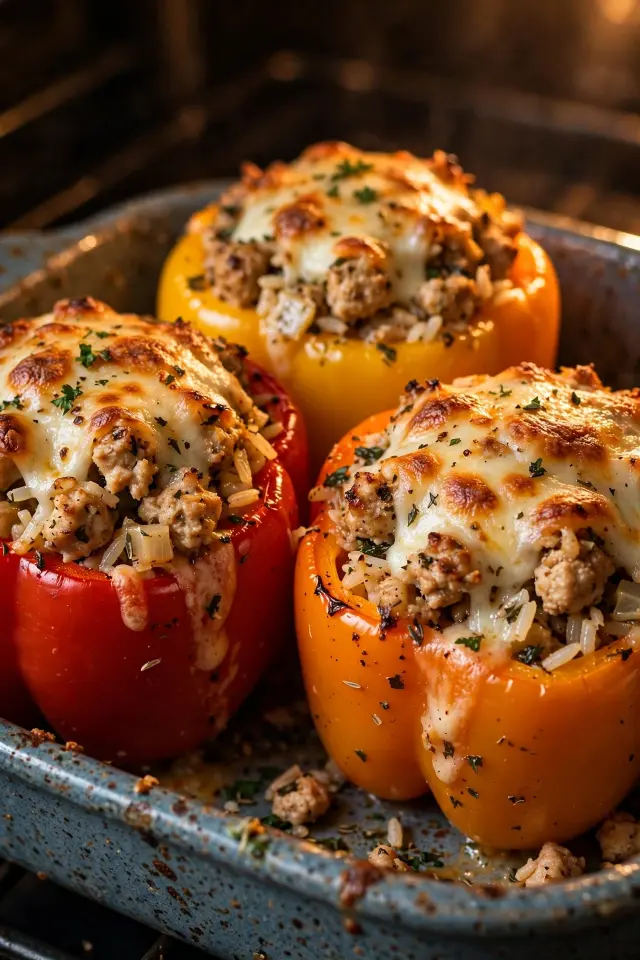 Ground chicken stuffed peppers with melted cheese