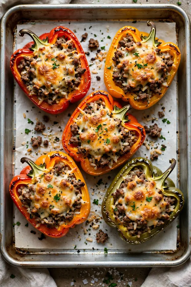 Ground beef stuffed peppers with rice and melted cheese