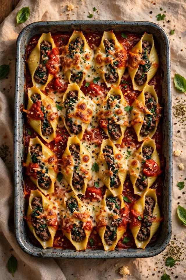 Ground beef and spinach stuffed pasta shells