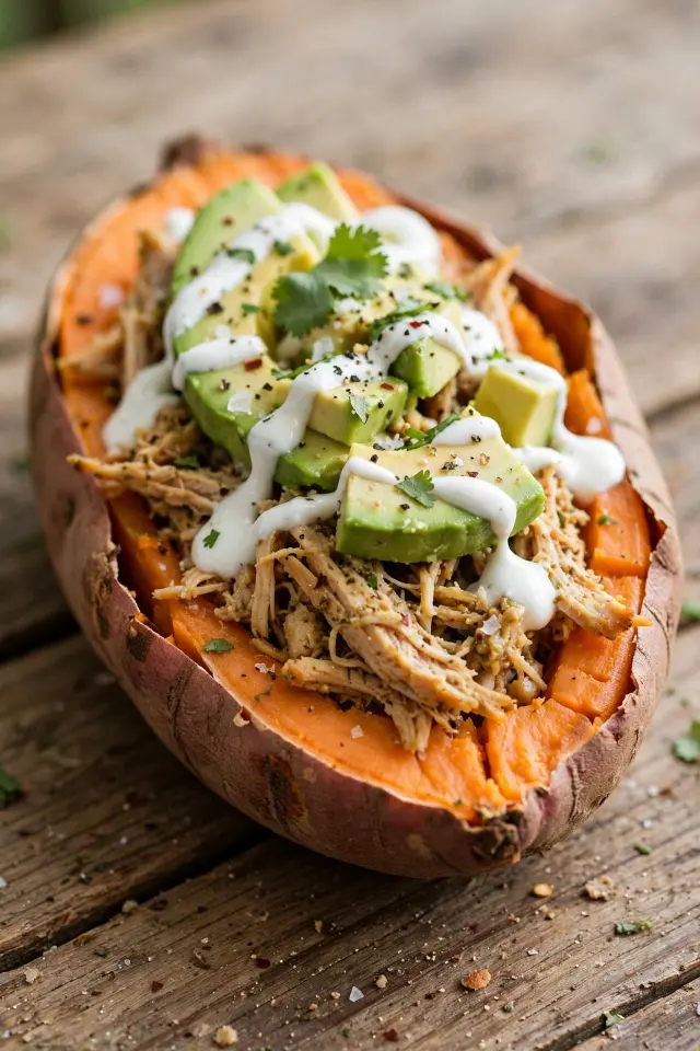  Shredded chicken stuffed sweet potato with avocado and yogurt