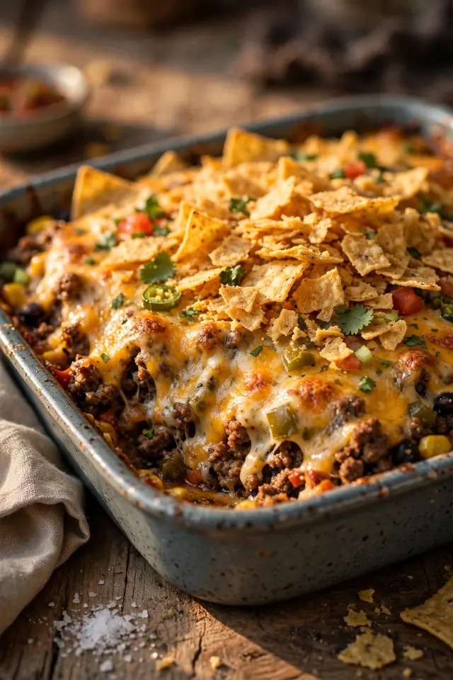 Taco beef casserole with tortilla chips and melted pepper jack cheese