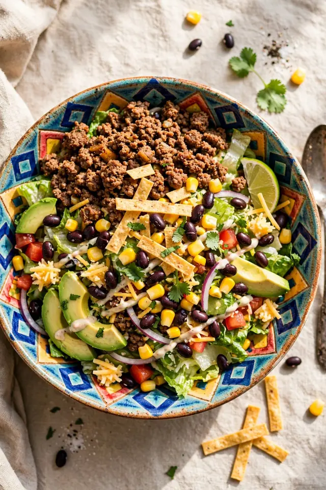 Ground beef taco salad with black beans and corn