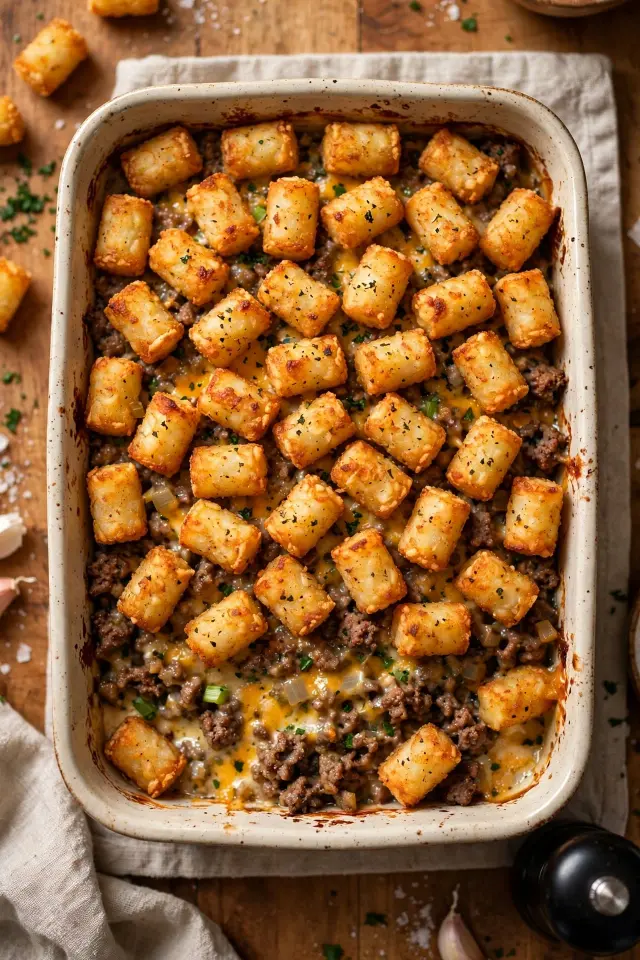  Ground beef tater tot casserole with crispy golden tot topping