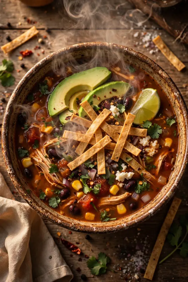 Shredded chicken tortilla soup topped with avocado and tortilla strips