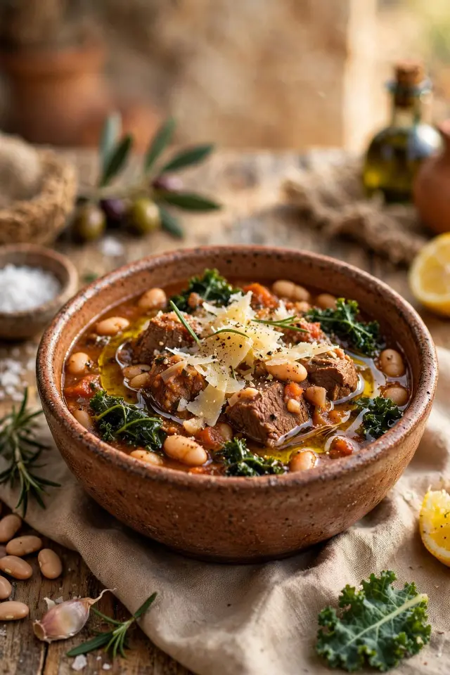 Tuscan beef and white bean stew with kale and parmesan