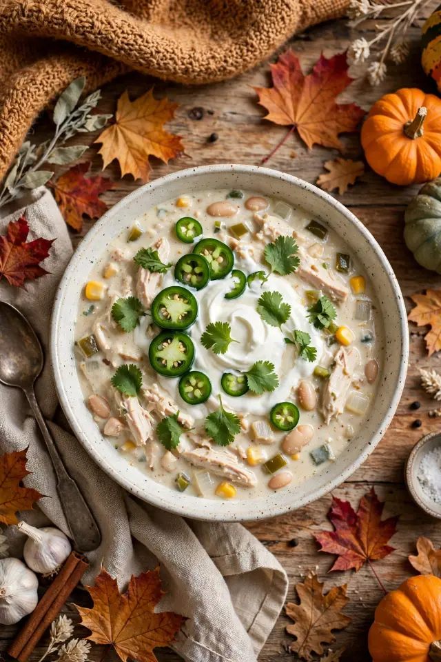  White shredded chicken chili topped with sour cream and jalapeño