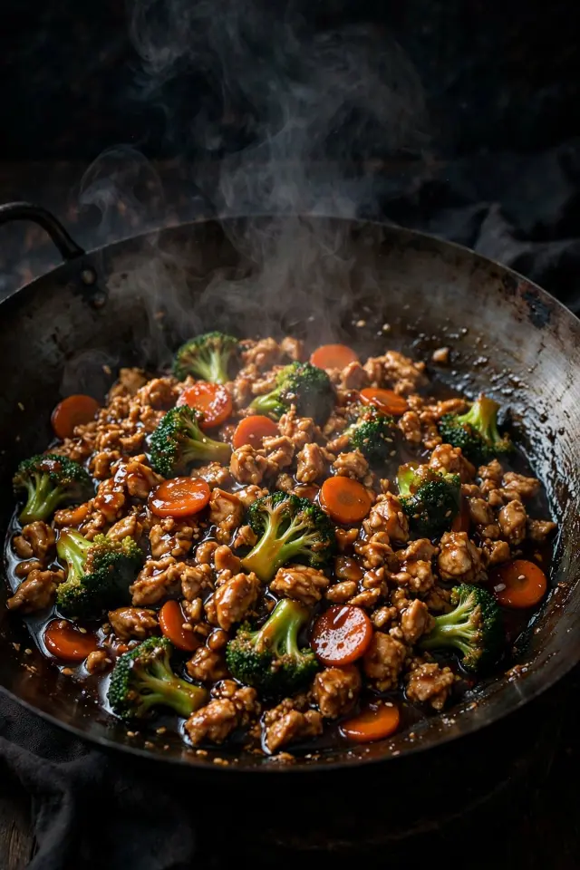 Ground chicken stir-fry with broccoli and carrots