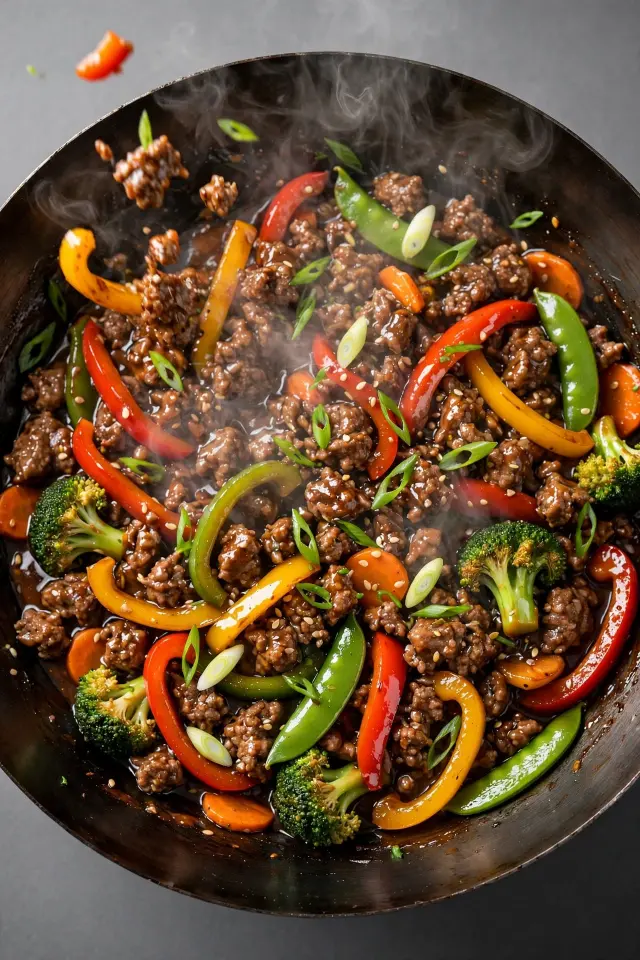 Ground beef vegetable stir-fry with soy garlic sauce