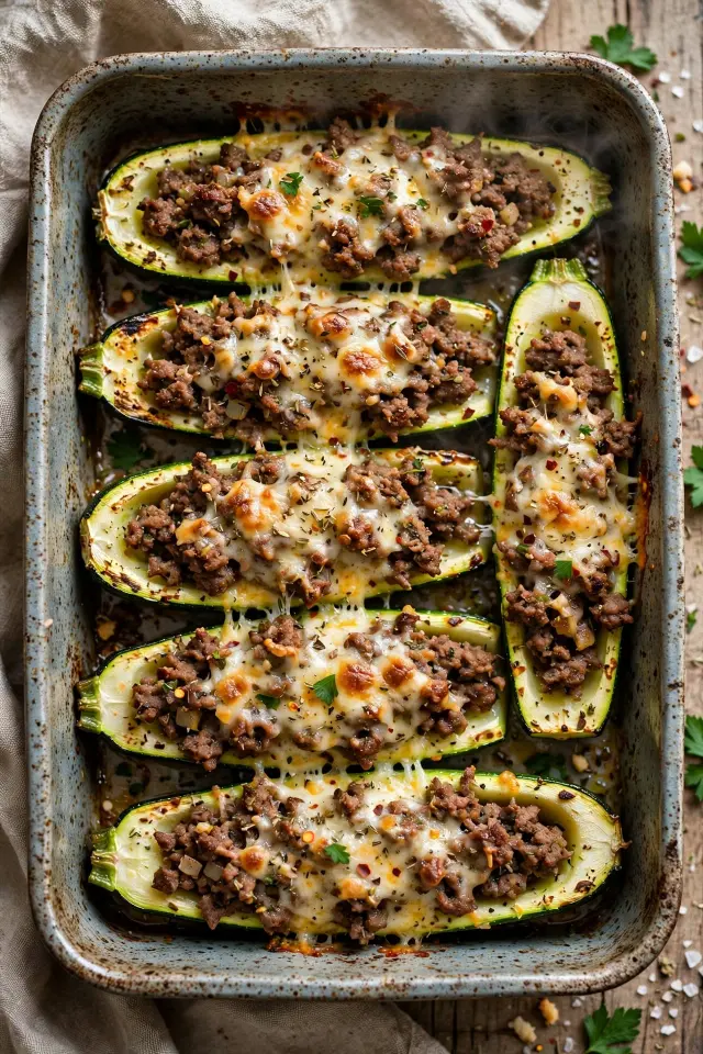 Beef stuffed zucchini boats fresh from the oven