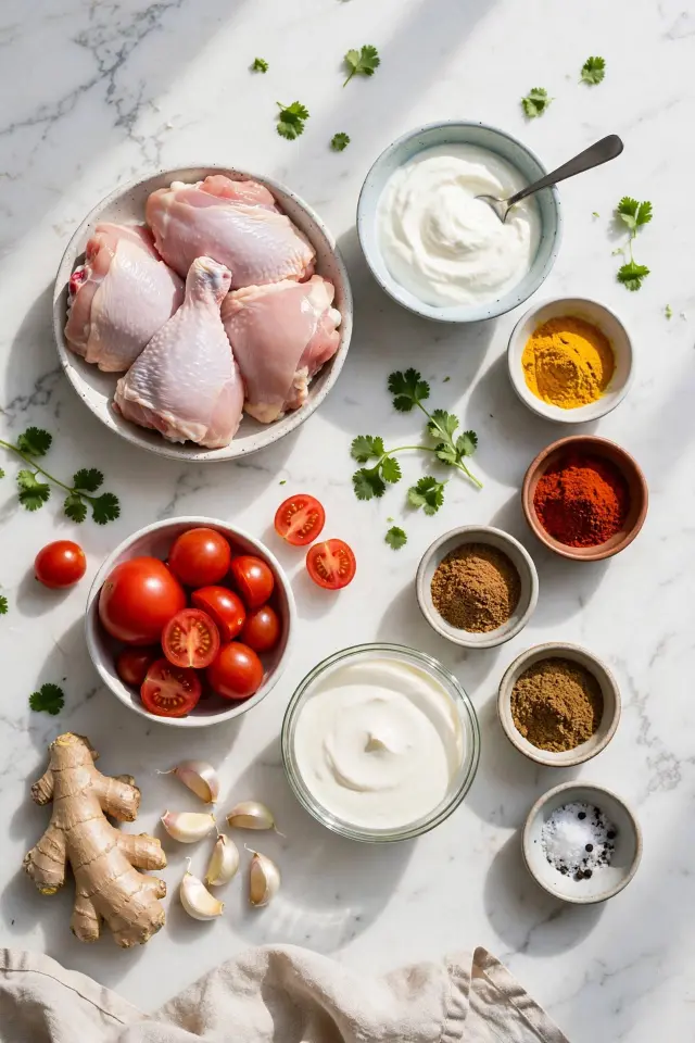 Butter chicken ingredients laid out in small bowls, including chicken thighs, yogurt, spices, tomatoes and cream