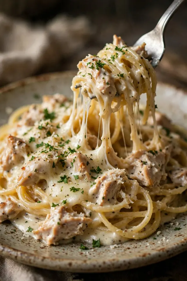 Close-up of a plate of creamy chicken spaghetti topped with melted cheese and fresh parsley