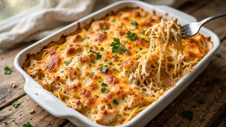 Creamy baked chicken spaghetti casserole with melted cheese and a fork lifting a strand of pasta