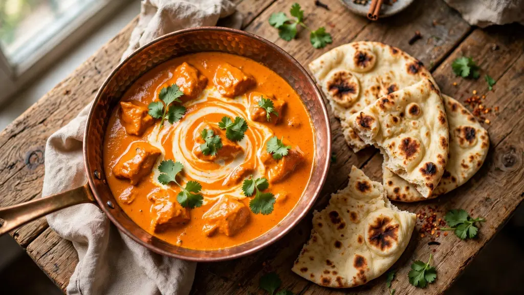 Creamy butter chicken in a copper pan with a cream swirl, fresh cilantro and warm naan on a wooden table