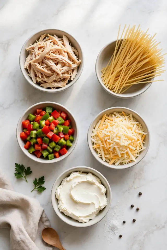  Ingredients for chicken spaghetti arranged in bowls including shredded chicken, cheeses, spaghetti, and vegetables