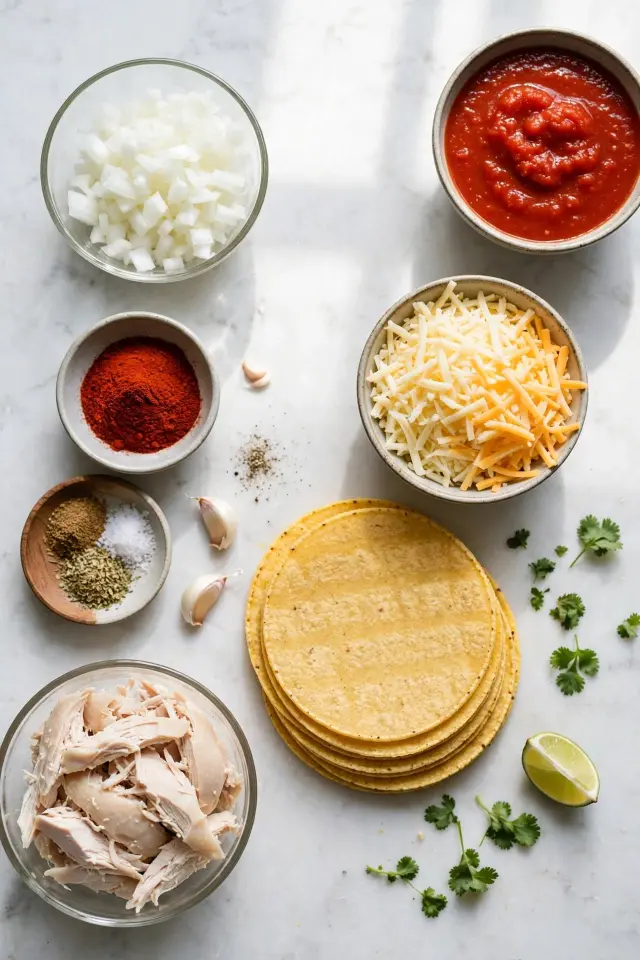  Ingredients for homemade chicken enchiladas laid out on a counter