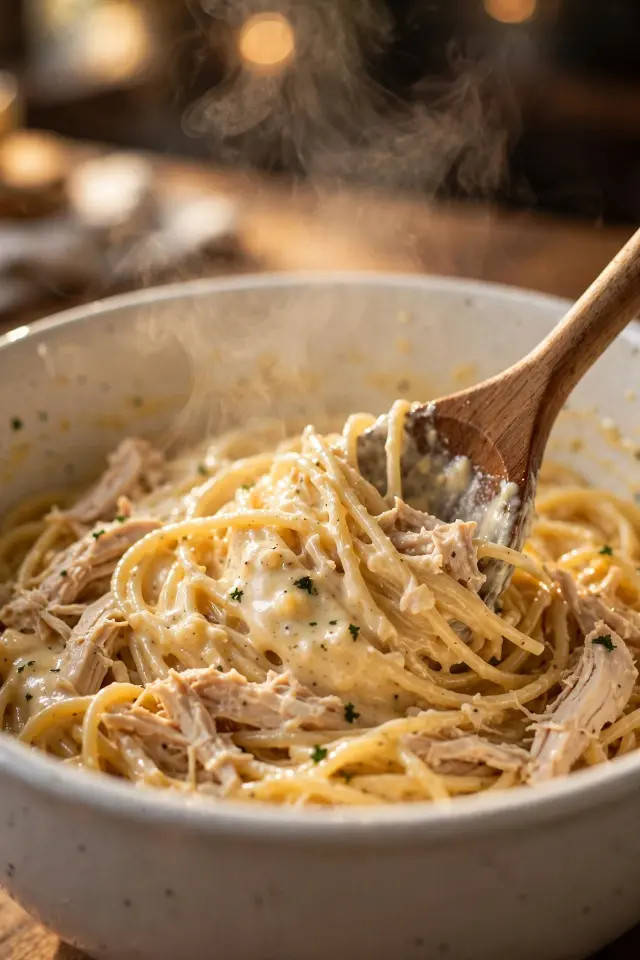 Mixing creamy sauce with spaghetti and shredded chicken for a baked chicken spaghetti casserole
