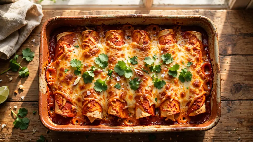 Pan of baked chicken enchiladas with homemade red sauce and melted cheese