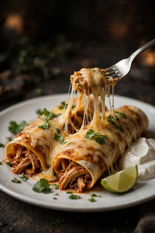  Plated chicken enchiladas topped with cheese, sour cream, and cilantro
