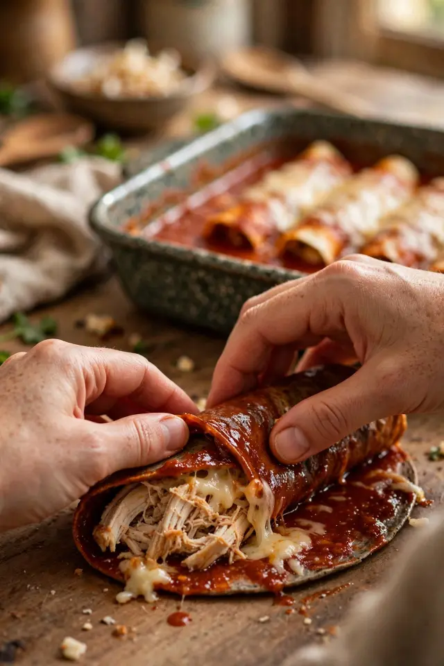 Rolling shredded chicken into corn tortillas for enchiladas
